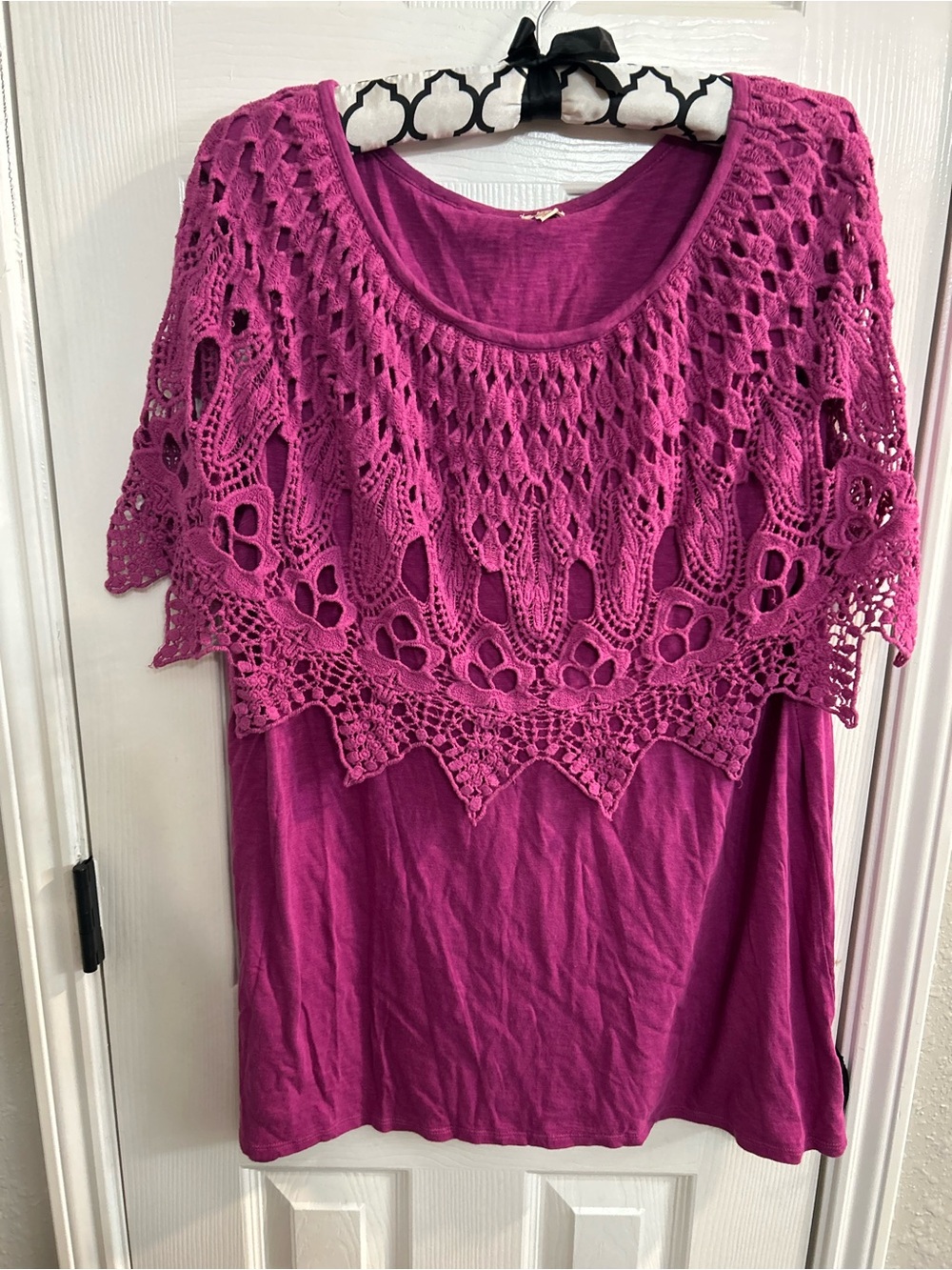 Reba woman 3X Women's magenta  Crochet Overlay Blouse Top